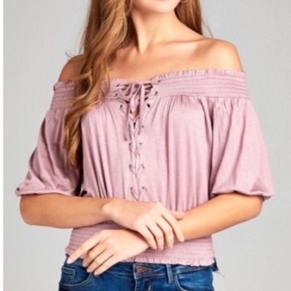 Off Shoulder Lace-up Top - Picture 2 of 6